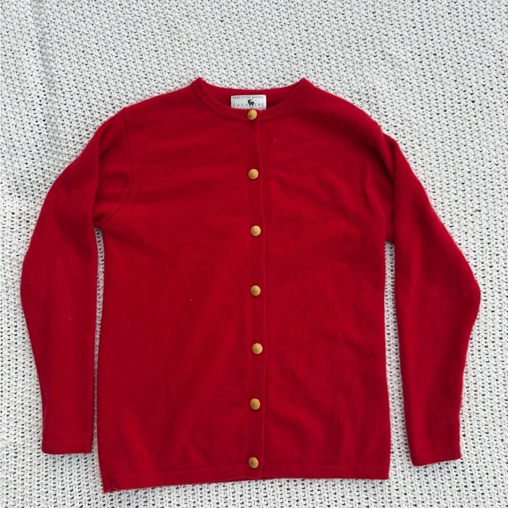 Saks Fifth Avenue 100% Cashmere Vintage Red Cardigan with Gold Buttons Size S